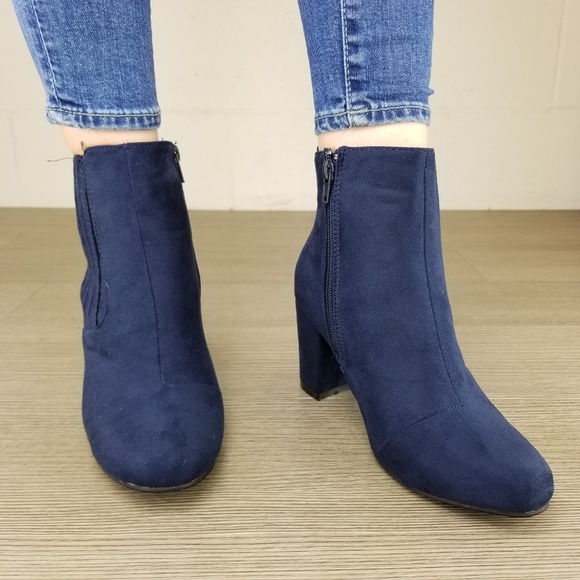 Vegan Suede Navy Bock Heel Ankle Bootie - Picture 4 of 7